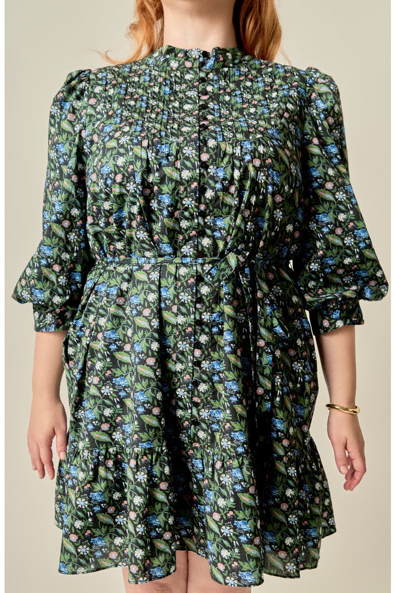 Floral Print Pintuck Smock Minidress
