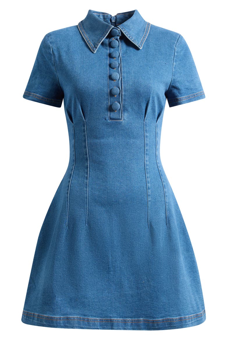 Pleated Seamed Cotton Blend Denim Fit & Flare Minidress