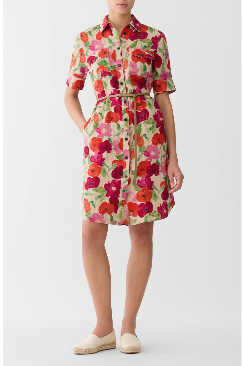 Blossom Print Belted Organic Linen Shirtdress