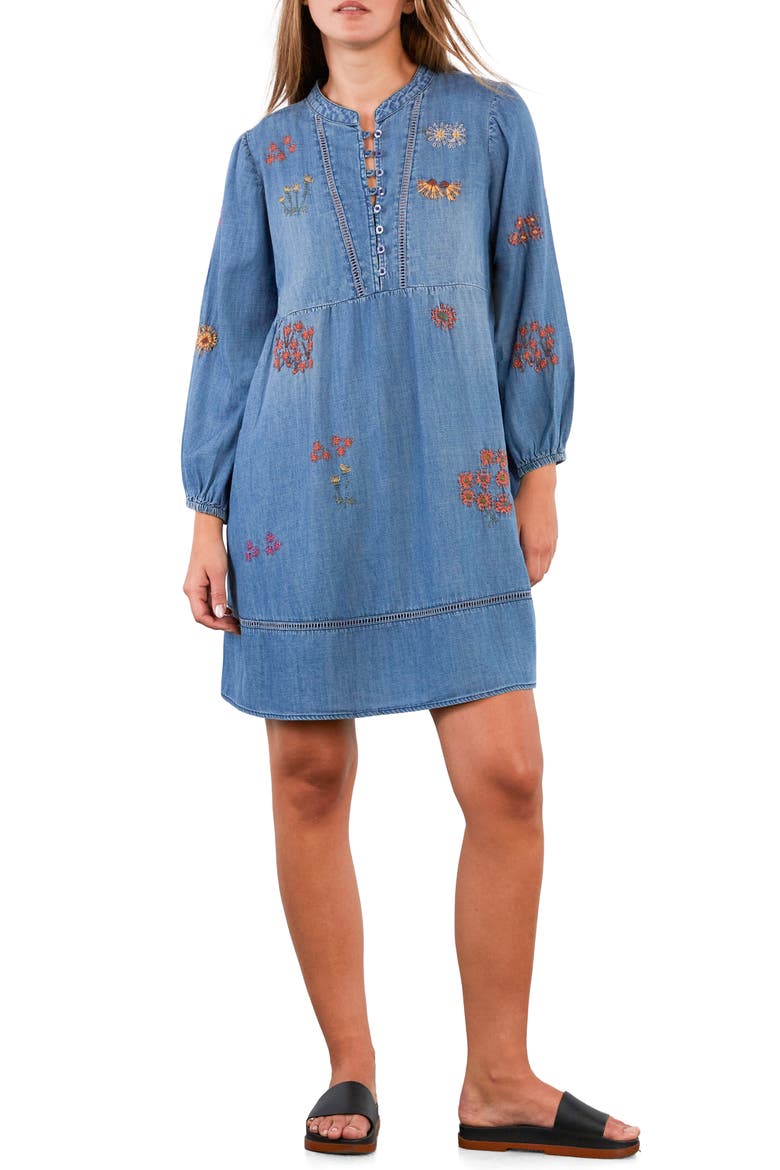 La La La Embroidered Long Sleeve Denim Dress