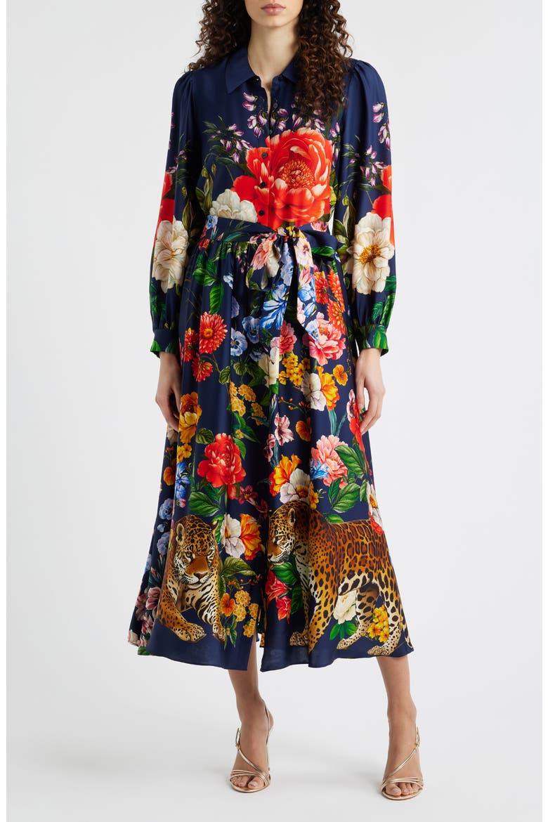 The Melina Sahara Desert Print Long Sleeve Stretch Silk Shirtdress