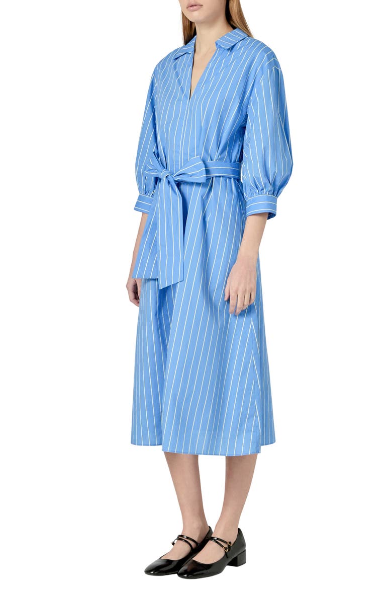 Stripe Blouson Sleeve Cotton Midi Shirtdress