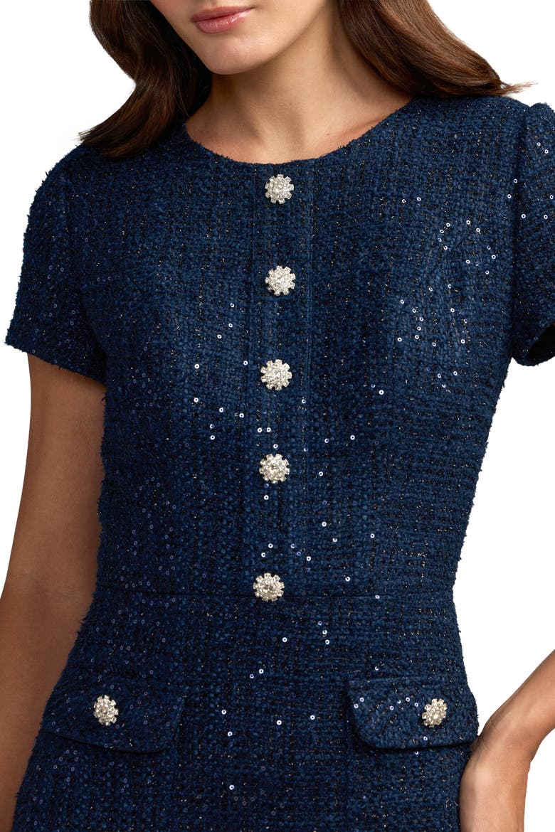Women's Sequin Tweed Short Sleeve A-Line Midi Dress