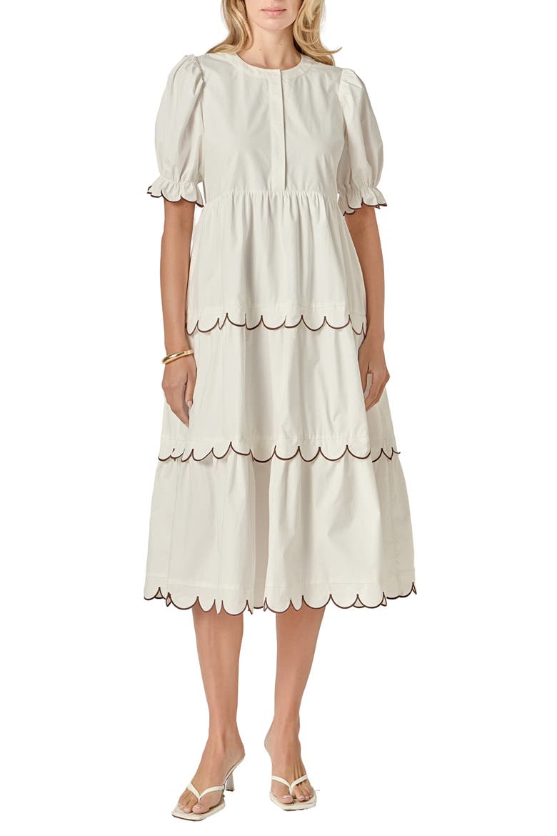 Contrast Scalloped Trim Cotton Midi Dress