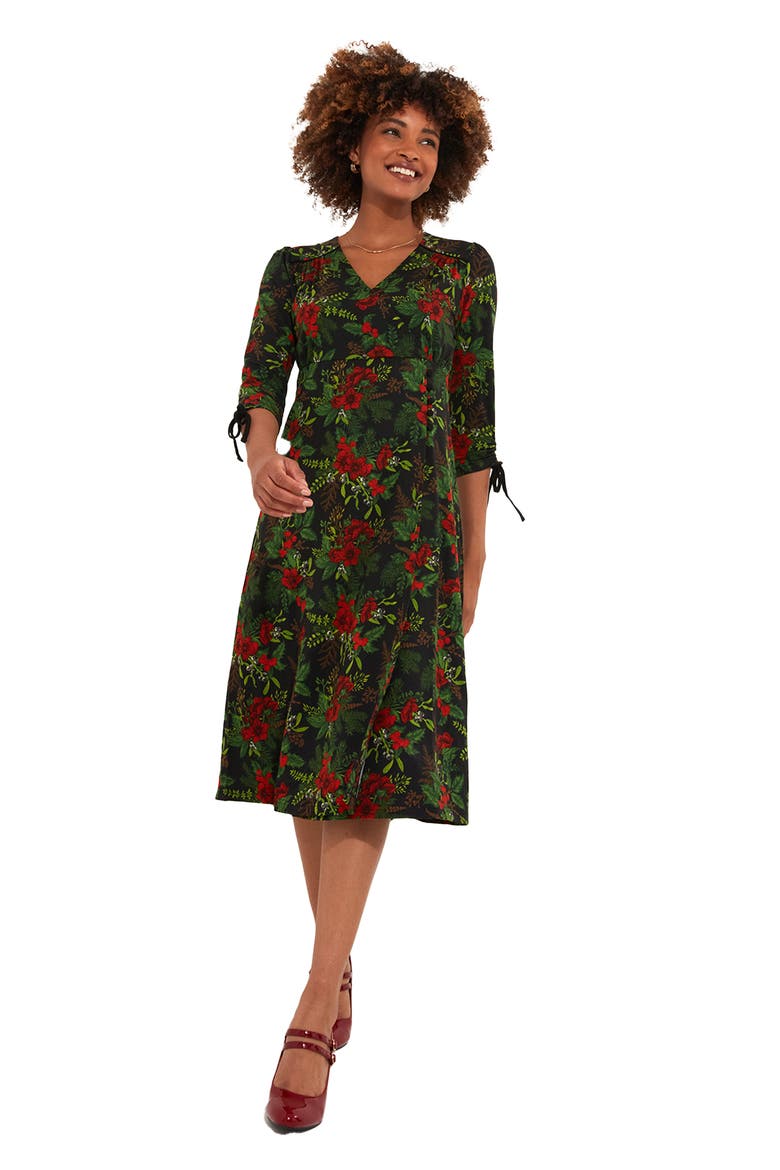 Stretch Knit Faux Wrap Midi Dress