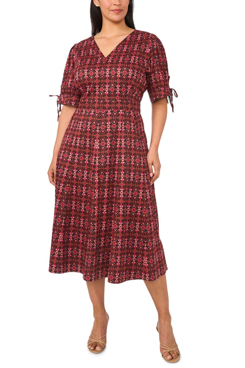 Paisley Balloon Sleeve Stretch Cotton Midi Dress