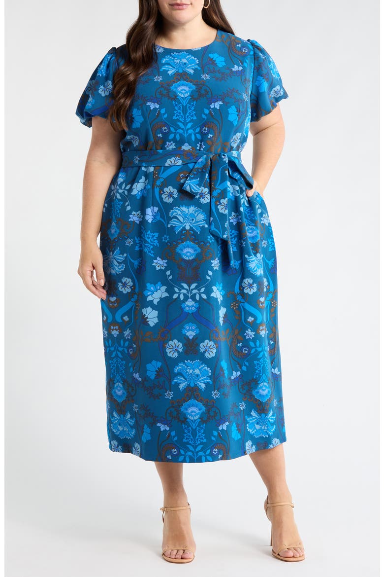 Palmate Floral Senidy Puff Sleeve Maxi Dress