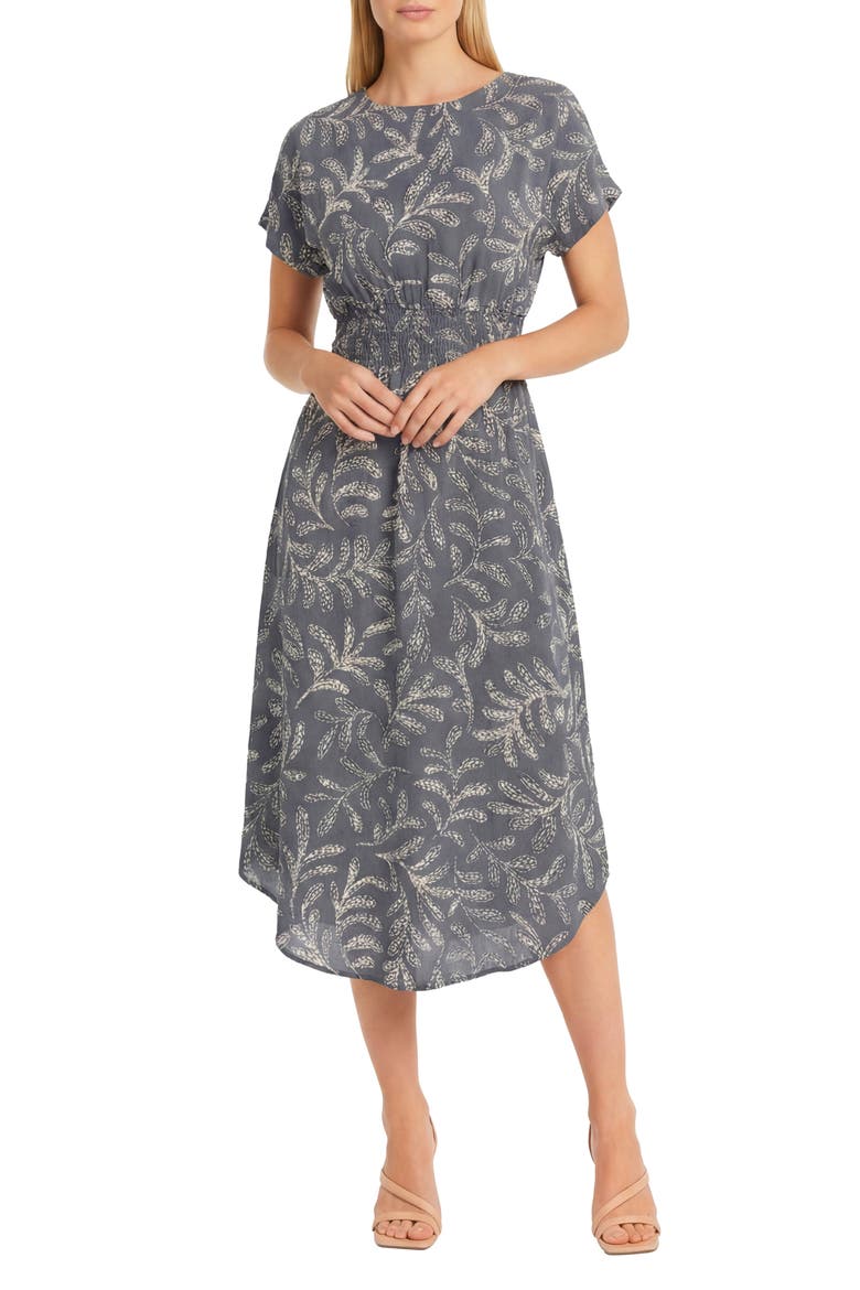 Leaf Print Smock Waist Midi Dress