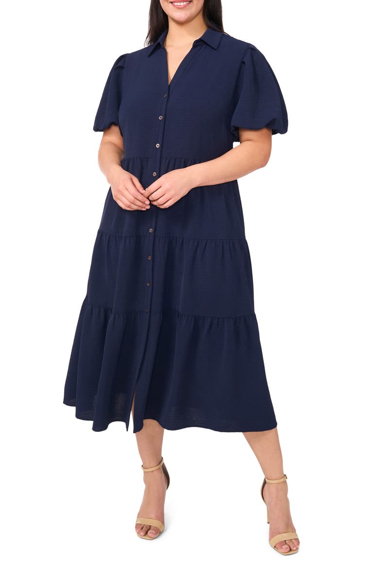 Puff Sleeve Tiered Maxi Shirtdress
