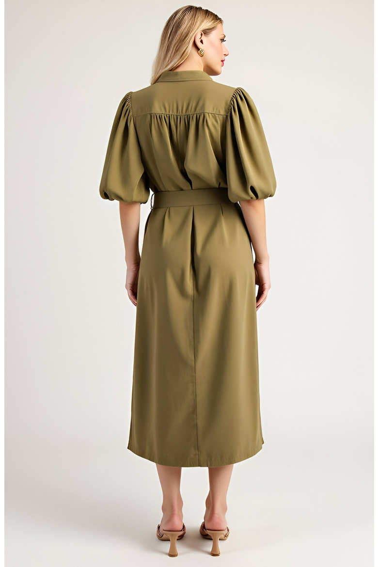 Belted Midi Dress with Puff Elbow Sleeves and Keyhole Neckline