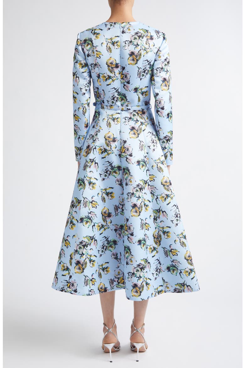 Capucine Floral Long Sleeve Belted Genzianella Sateen Midi Dress