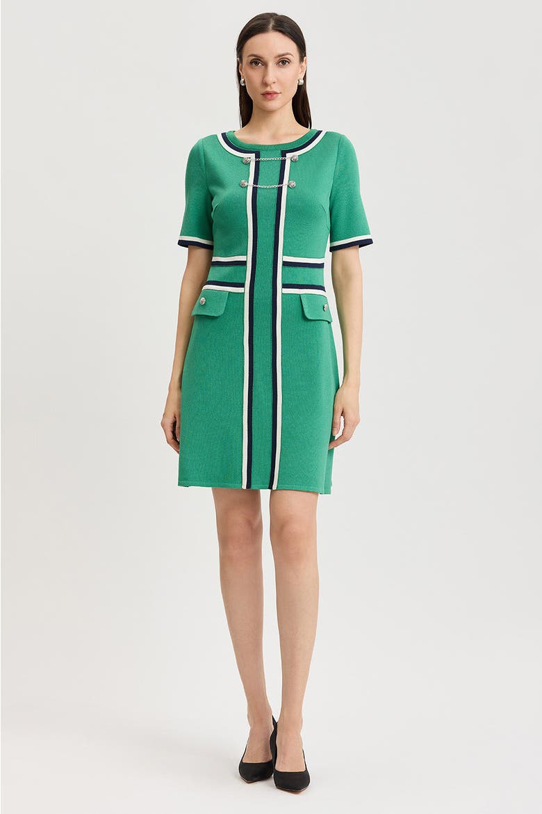 Button Detail Contrast Trim Soft Knit Dress