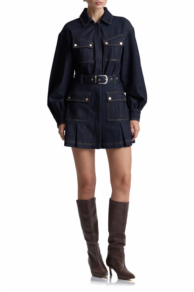 Belted Long Sleeve Stretch Denim MInidress