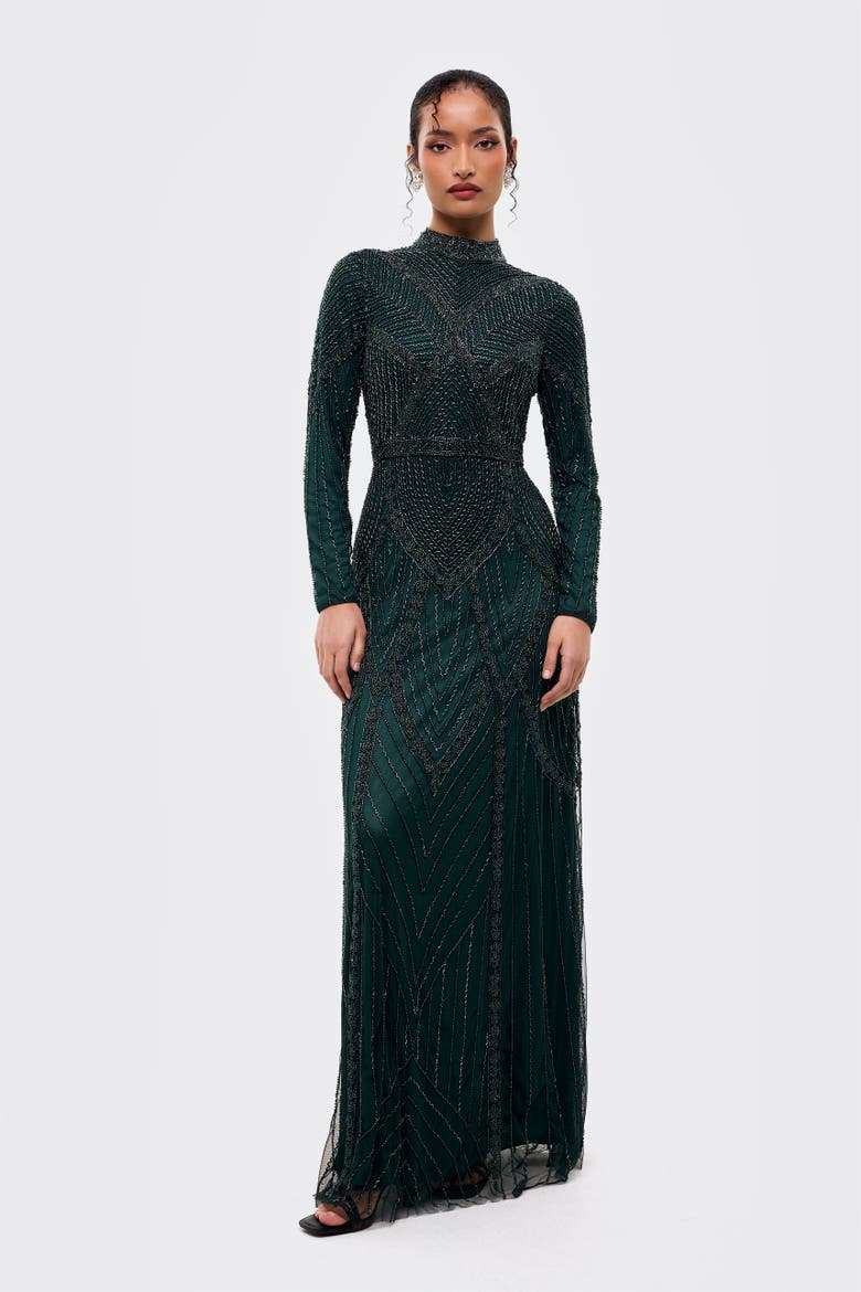 Modest Abstract Embellished Sequin Maxi Dress