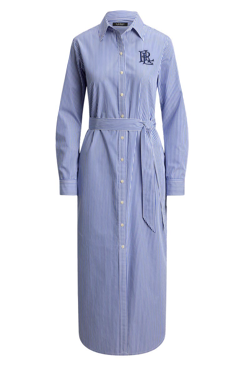 Amity Embroidered Logo Stripe Long Sleeve Cotton Midi Shirtdress