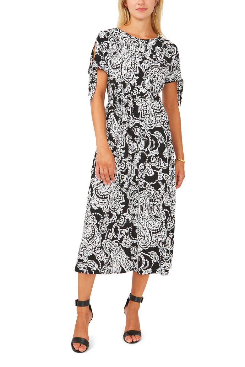 Print Tie Waist Split Sleeve Midi Dress