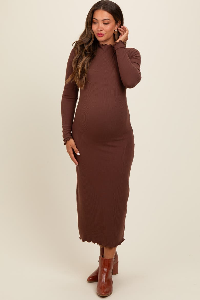 Ruffle Mock Neck Long Sleeve Midi Dress