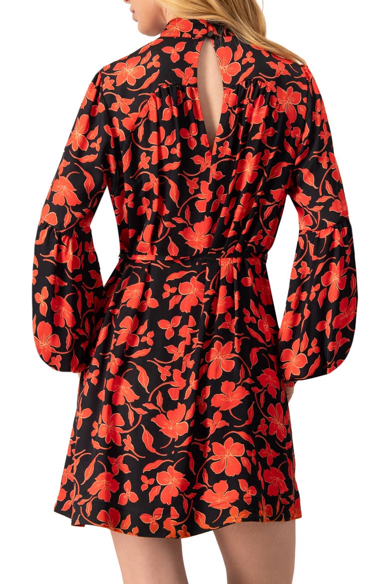 Black Mini Dress with Red Floral Print and Drawstring Waist