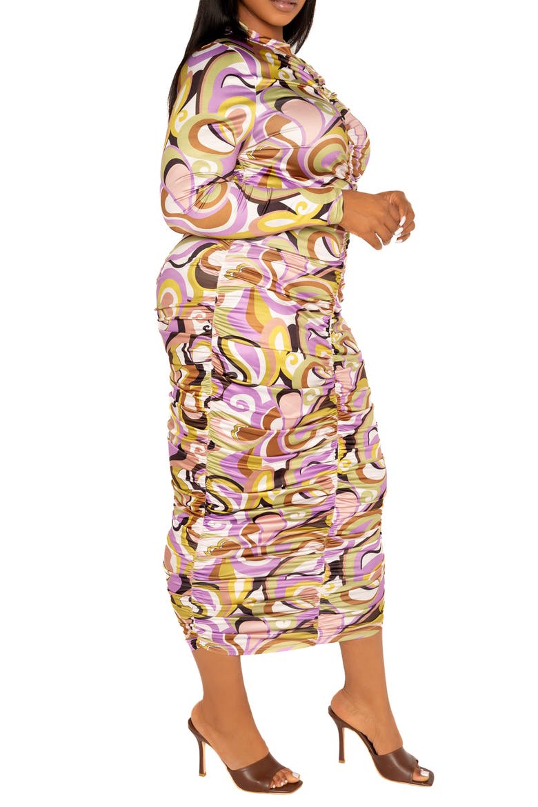 Print Ruched Long Sleeve Midi Body-Con Dress