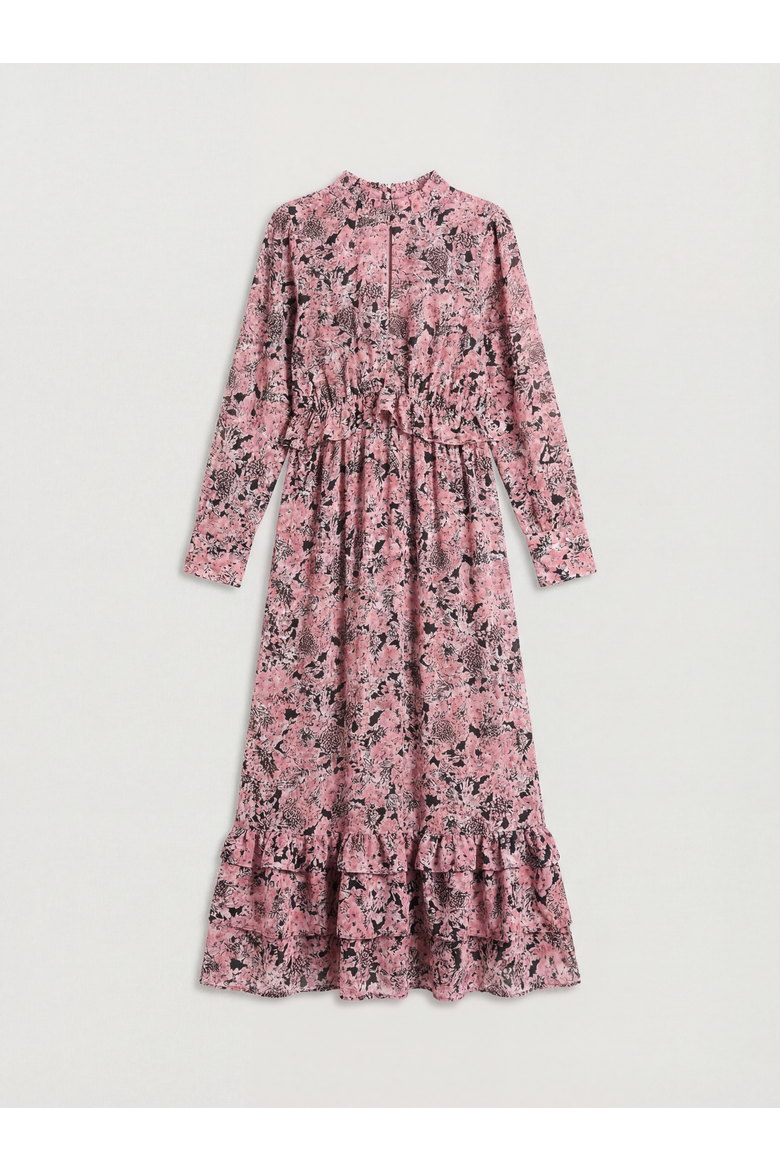 Chiffon Shirred High Neck Midi Dress