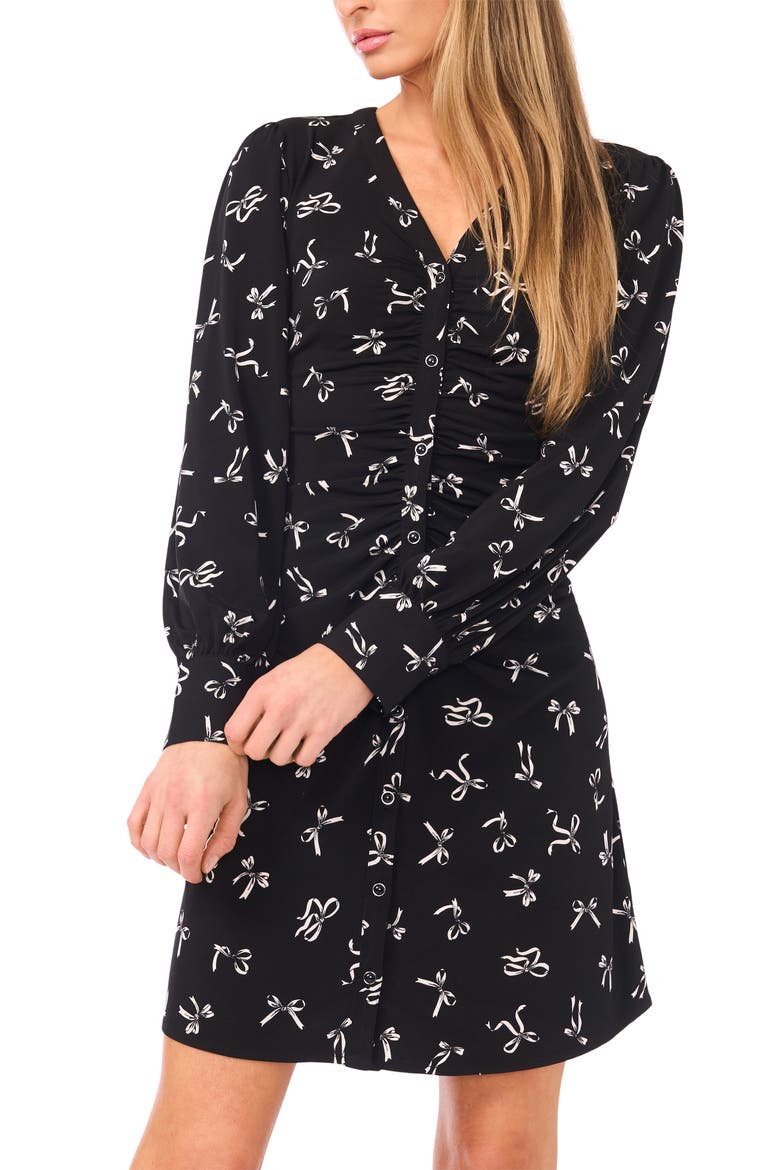 Shirred Print Long Sleeve Button-Up Dress
