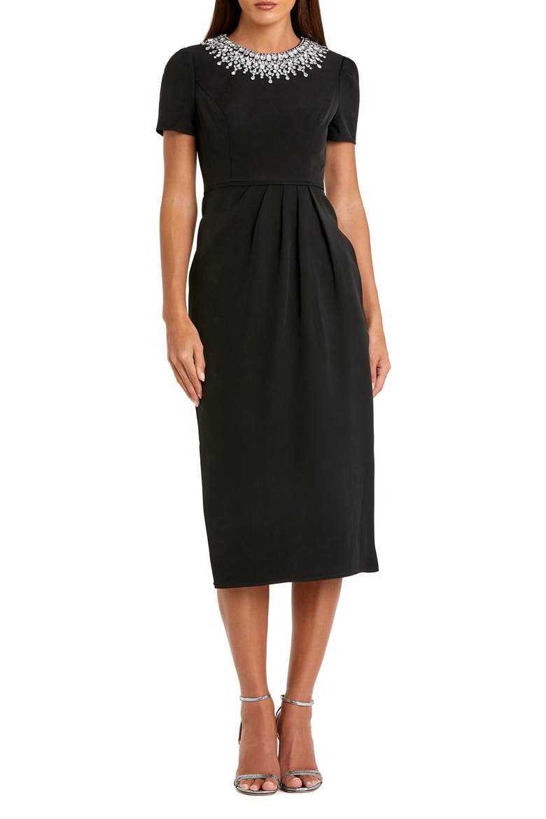 Petite Short Sleeve Rhinestone Neckline Midi Dress