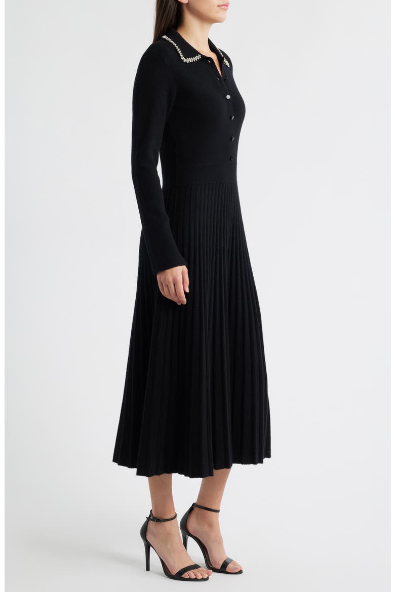 Penny Embellished Collar Pleated Long Sleeve Cashmere Sweater Dress