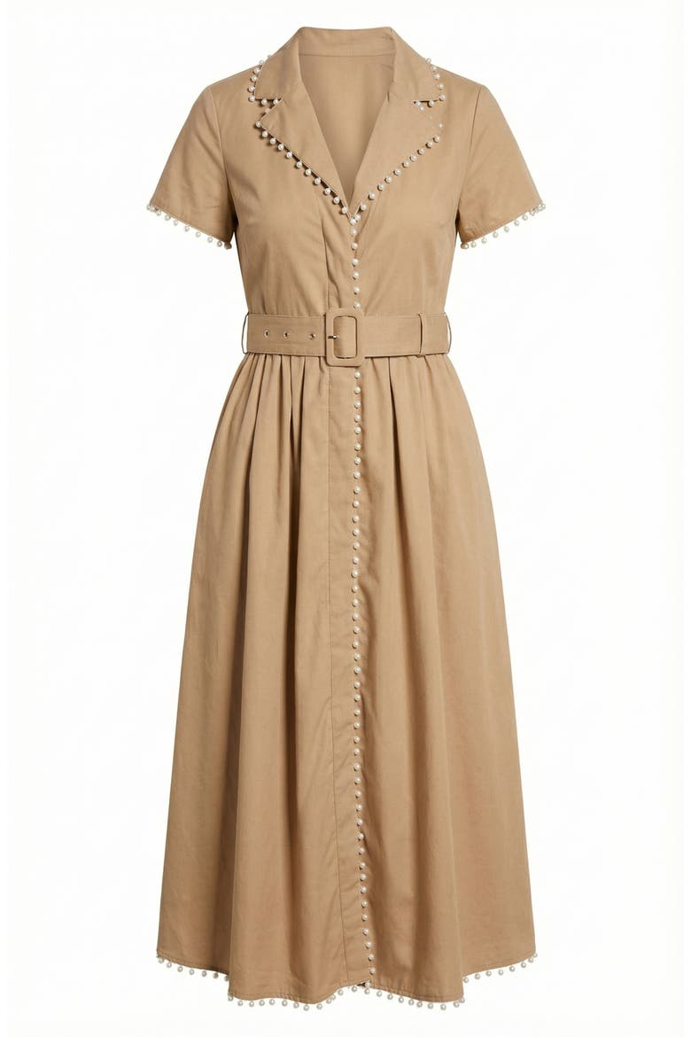 Short Sleeve Collared Midi Dress with Pearl Details and Statement Belt