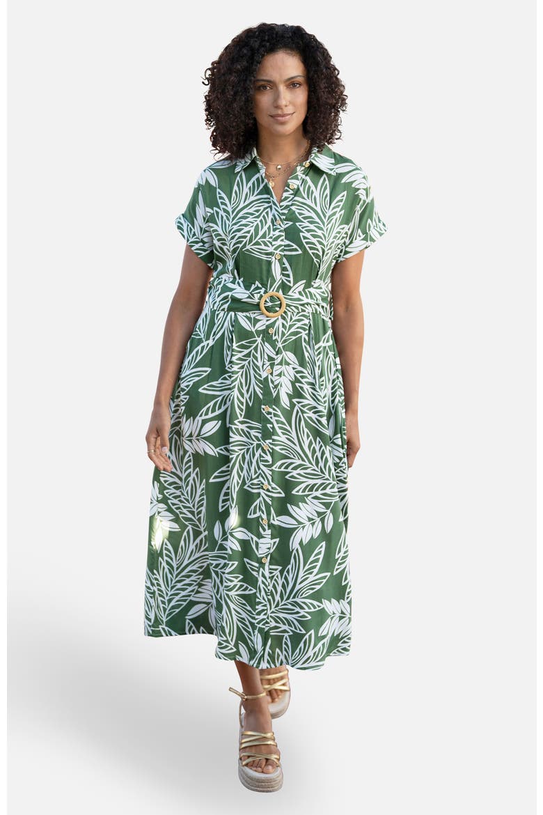 Leaf Print Midi Shirt Dress