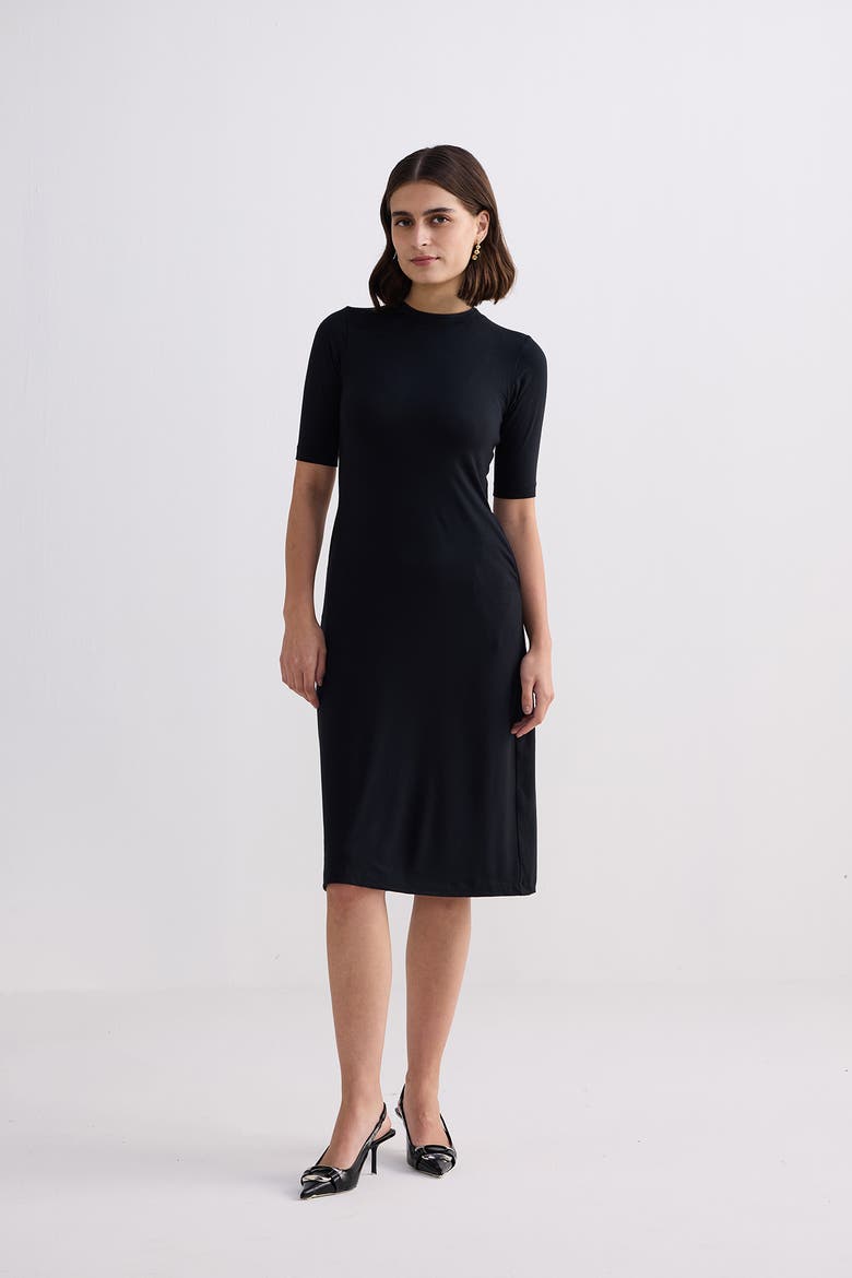 High Crew Neck Fitted Dress with Elbow Sleeves