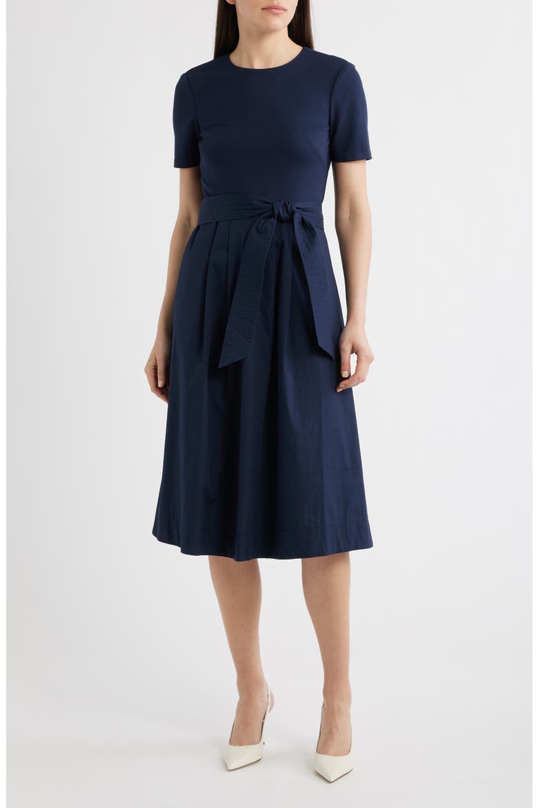 Jewel Neck Tie Waist Midi Dress