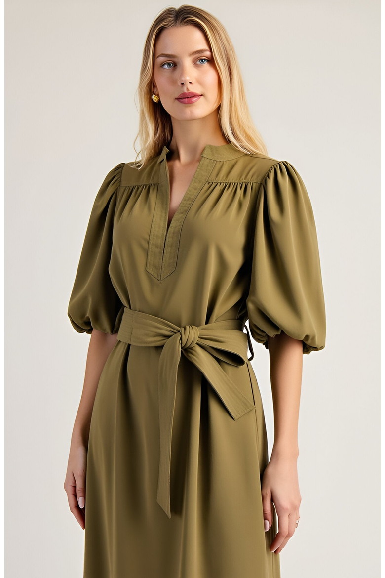 Belted Midi Dress with Puff Elbow Sleeves and Keyhole Neckline