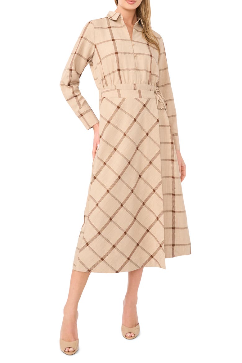 Windowpane Plaid Long Sleeve Wrap Skirt Shirtdress
