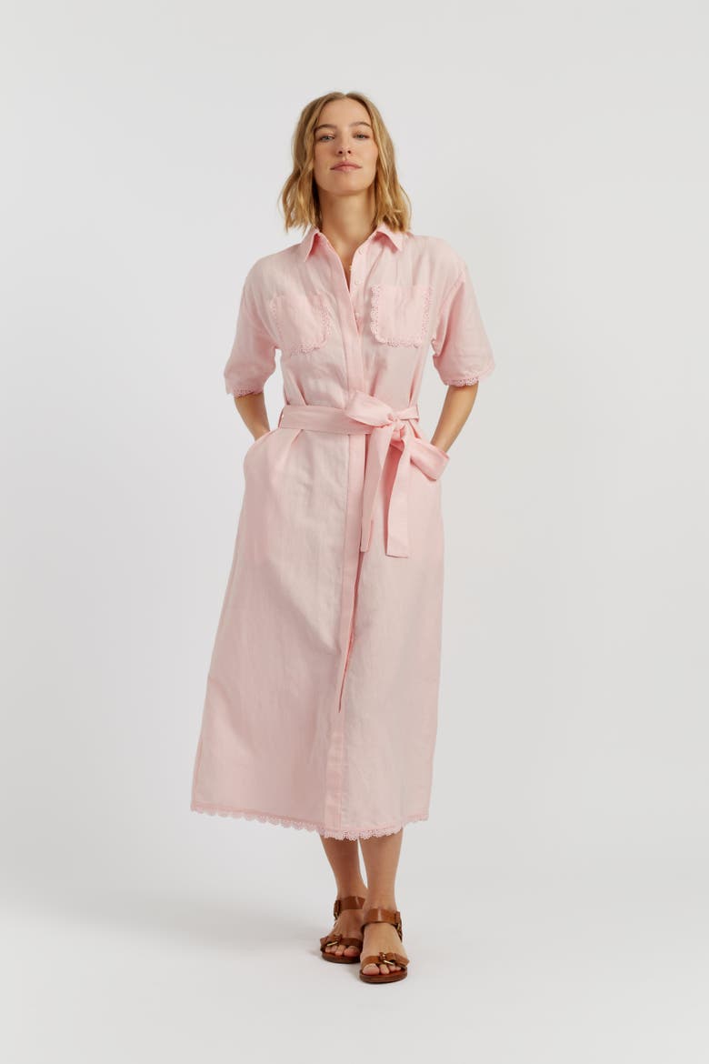 Linen-Blend Scallop Shirt Dress