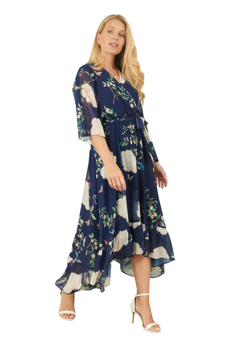 Bird And Floral Print Midi Wrap Dress