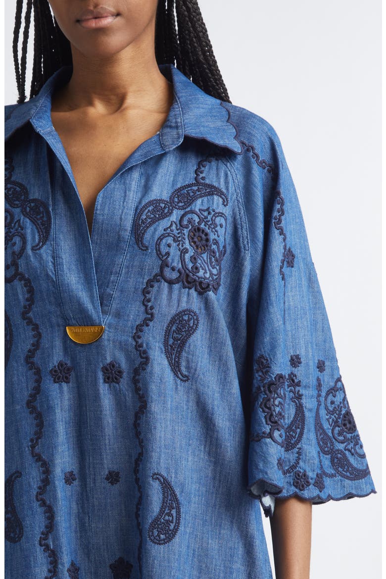 Aster Paisley Embroidered Denim Midi Dress