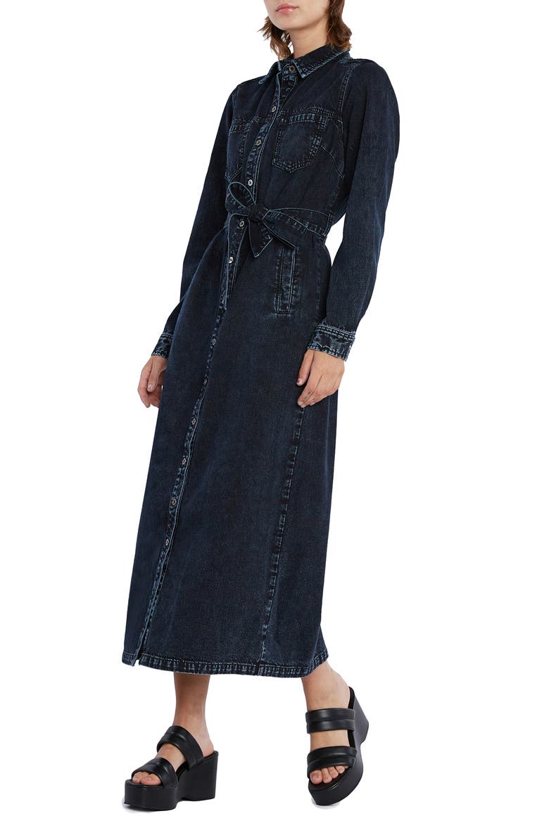Tie Waist Long Sleeve Denim Maxi Shirtdress