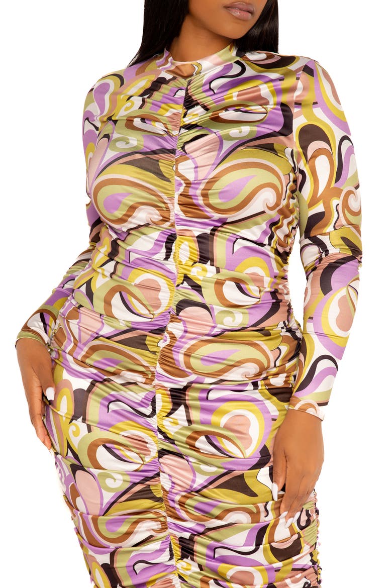 Print Ruched Long Sleeve Midi Body-Con Dress