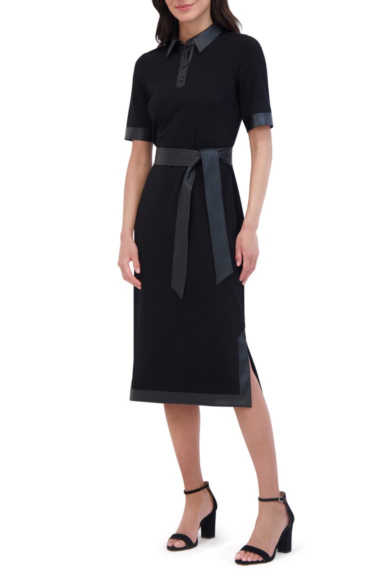 Faux Leather Trim Tie Waist Midi Dress