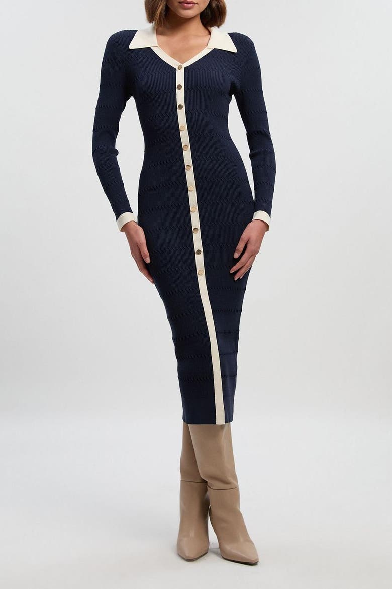 Rib Contrast Button Knit Midi Dress