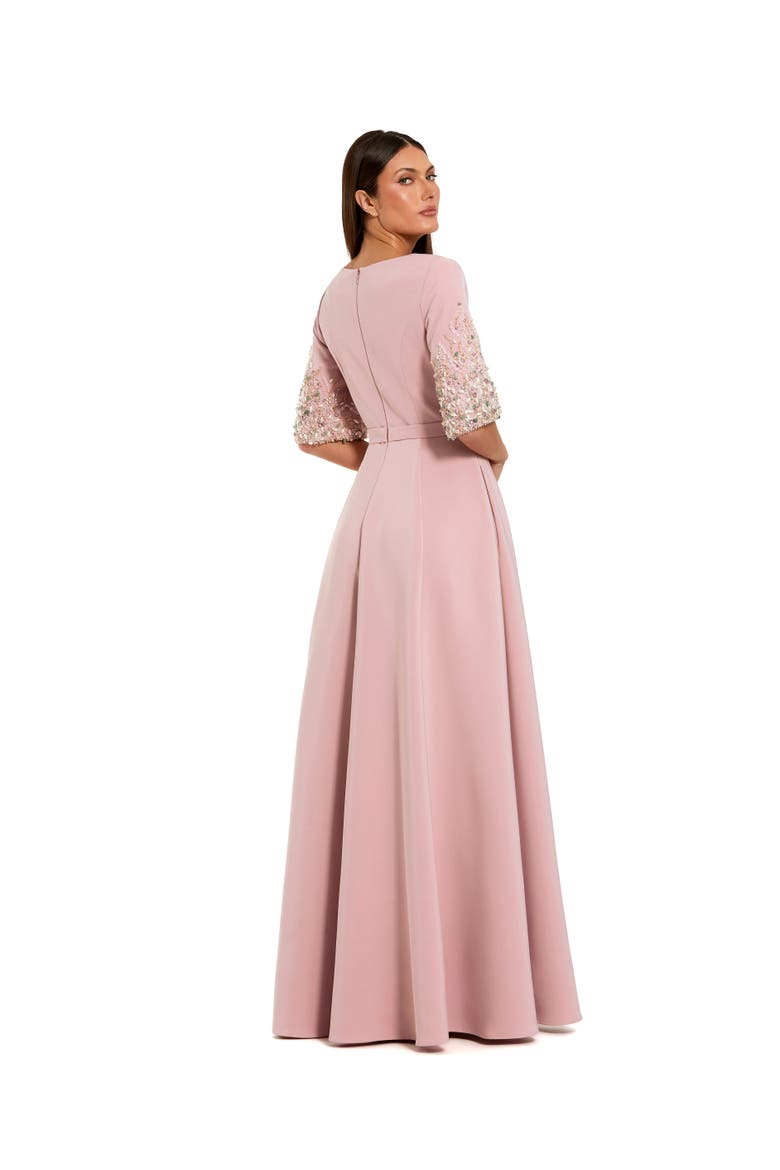 Women's 3/4 Sleeve Crepe Gown With Sleeve Embellishments