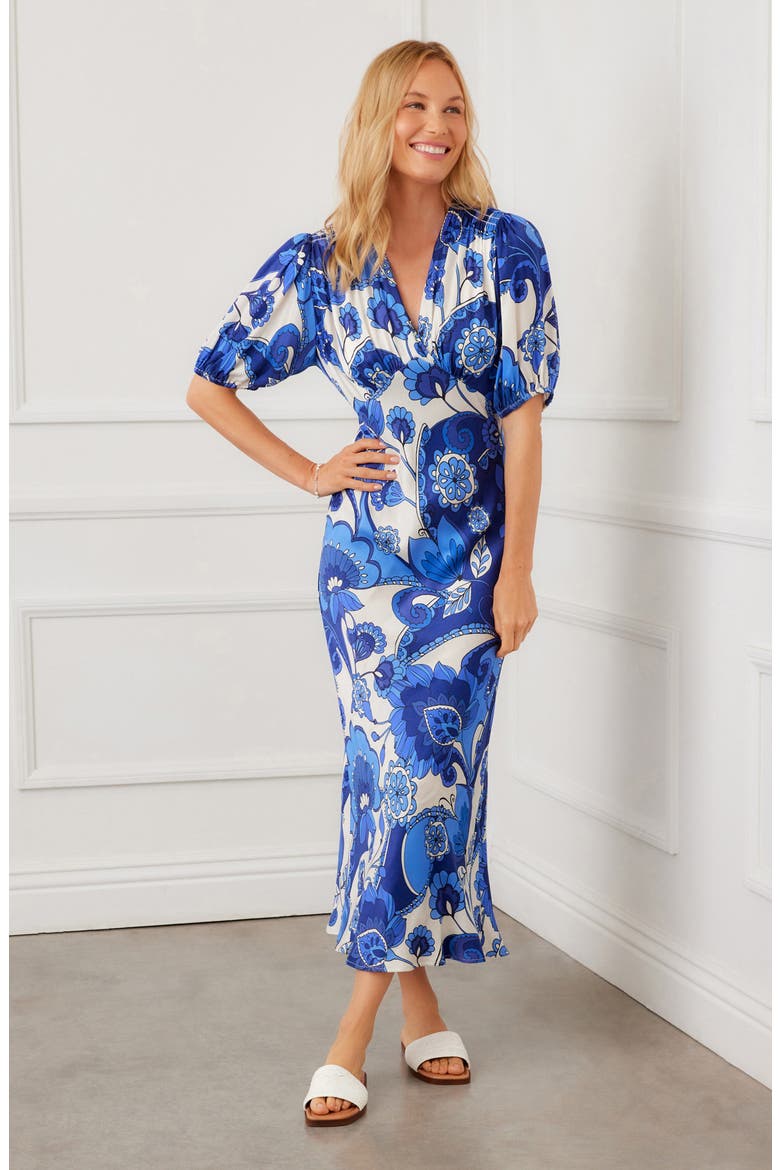 Floral Puff Sleeve Bias Maxi Dress