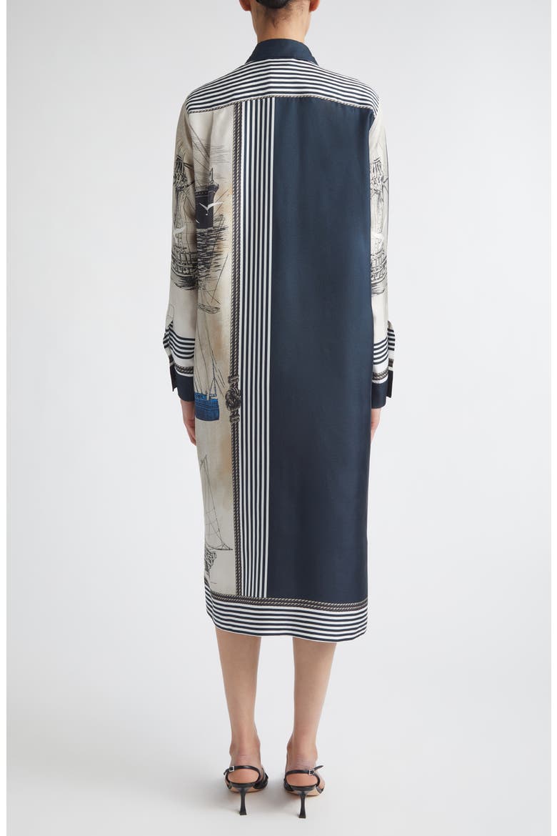 Mariner Print Long Sleeve Silk Midi Shirtdress