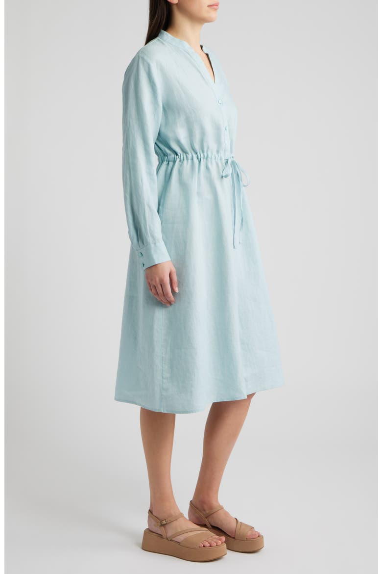 Mandarin Collar Long Sleeve Organic Linen Midi Shirtdress