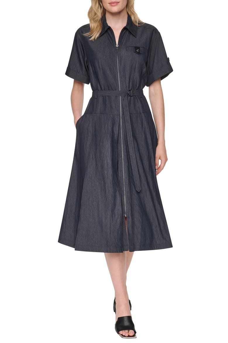 Front Zip Belted Midi Dress
