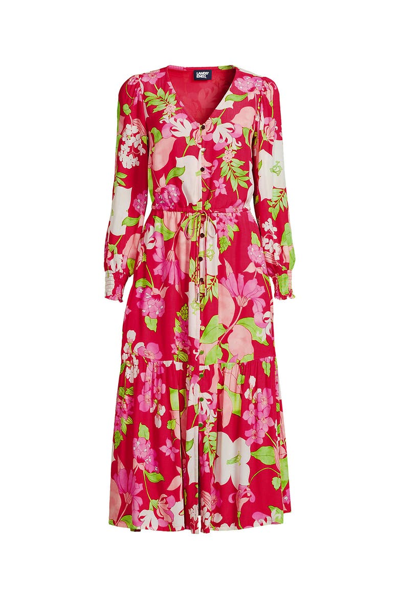 Crepe Button Front Long Sleeve Midi Dress