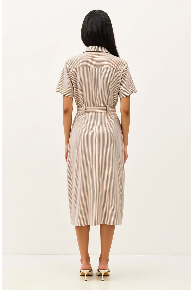 Striped Button-Down Midi Dress with Waist Tie and Collared Neckline