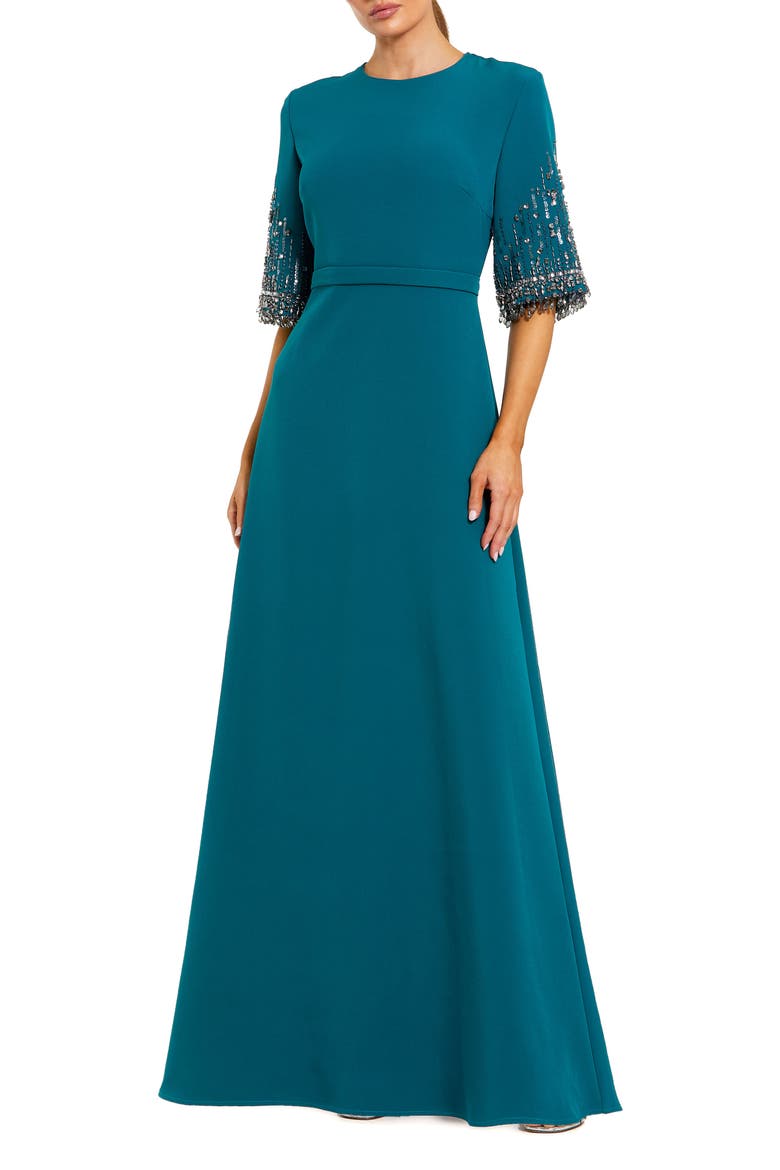 Women's Crepe A Line Gown With Beaded 3/4 Sleeves