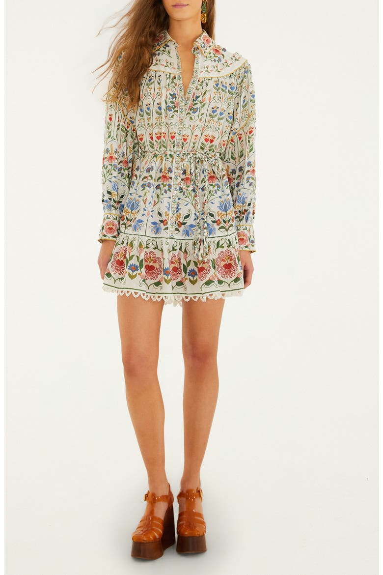 Stitched Garden Long Sleeve Cotton Blend Mini Shirtdress