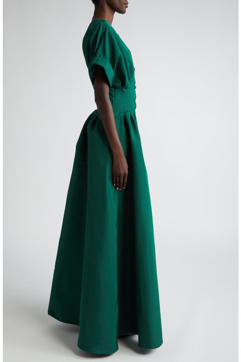Cuffed Short Sleeve Button Front Silk Faille Gown
